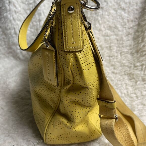 COACH Signature Stripe Convertible Hobo Bag yelow Perforated Leather F23241 - Picture 9 of 15